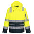 Hi-vis men's shell jacket in yellow with reflective stripes and a hood, featuring zippered pockets and a logo.