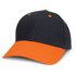 A cap with a black crown and an orange brim, featuring contrasting orange stitching and eyelets.
