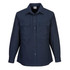 A navy long-sleeve utility work shirt featuring two chest pockets and a button-down front. It has a branded logo.