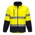 A high-visibility fleece jumper in fluorescent yellow and navy, featuring reflective stripes and a zippered front.