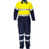 A cotton coverall in navy blue and bright yellow, featuring reflective stripes and a collar. It has a logo.