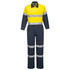 A cotton coverall in yellow and navy with reflective stripes, featuring a collared design and long sleeves.
