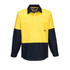 A long-sleeved button-up shirt featuring a yellow and navy design with chest pockets and branding.