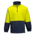 A polar fleece jumper in bright yellow and dark grey, featuring a zip collar and side pockets.