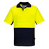 A vibrant high-visibility yellow and navy polo shirt with a collar and short sleeves, featuring a logo.