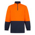 A cotton fleece jumper in bright orange and navy, featuring a zip neck and elasticated cuffs. It has a logo on it.