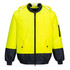 A Bomber Jacket in bright yellow with navy blue accents and a logo on the sleeve. Features a hood and zip closure.