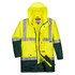 A Hi-Vis 2-Tone jacket in fluorescent yellow and green, featuring reflective stripes and a hood, with a brand logo.