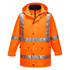 An orange work jacket with reflective stripes and a hood. It features pockets and a zip closure.