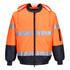 A high-visibility bomber jacket in orange and navy, featuring reflective strips and a hood. Includes a zippered pocket.
