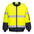 A high-visibility bomber jacket featuring bright yellow fabric with reflective strips and navy blue accents.