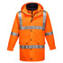 A hi-vis orange jacket with reflective stripes, featuring a hood and zip closure. Includes branding.