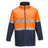 A high-visibility cotton drill jacket featuring orange and navy colours with reflective stripes and a front zip.