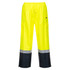 Bright yellow cargo pants with reflective strips and black lower sections. Features multiple pockets and an elastic waistband.