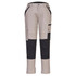 Ladies trade work pants in beige and black, featuring multiple pockets and a logo. Suitable for workwear.
