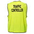 A bright yellow traffic control vest with black edging and a logo, featuring the words "TRAFFIC CONTROLLER" on the back.
