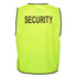 A bright yellow hi-vis security vest with black trim and a logo, designed for safety wear.