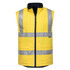 A reversible bodywarmer in bright yellow with reflective stripes and a zip front. It features a navy interior.