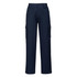 Flame retardant cargo pants in navy blue, featuring multiple pockets and a branded logo.
