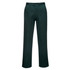 A pair of lightweight work pants in dark green with a buttoned waist and straight-leg fit, featuring a logo.