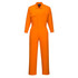 An orange lightweight coverall with long sleeves, a chest pocket, and a logo on the front.