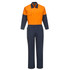 A cotton coverall in orange and navy blue, featuring long sleeves and multiple pockets. Includes a logo.