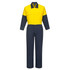 A cotton coverall in yellow and navy blue, featuring long sleeves and a front pocket, with a logo on the chest.