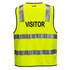 A fluorescent yellow work vest featuring reflective strips and a logo, labelled for visitors.