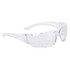 Clear safety spectacles in a transparent design, featuring a modern style and logo on the frame.