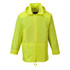 A bright yellow rain jacket with a hood and zipper front. It features long sleeves and a logo on the chest.