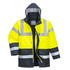 A high-visibility traffic jacket in bright yellow with black accents and reflective stripes, featuring a hood and zippered front.
