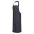 A navy striped apron with adjustable straps and a sleek design. It includes a branding logo.