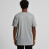 A grey basic t-shirt viewed from the back, featuring short sleeves and a plain design. It has a logo on the side.
