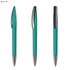 A set of three turquoise plastic pens with silver accents, featuring a logo on the barrel.