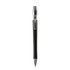 A metal pen featuring a sleek black body and silver accents, with a clip and a logo on the side.