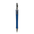 A blue metal pen with a silver clip and tip, featuring a logo near the clip.