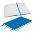 A blue Hudson Notebook with a textured cover, featuring lined pages and a matching ribbon bookmark.