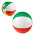 A colourful beach ball featuring green, red, yellow, and white sections, showcasing its fun design.