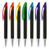A set of seven pens in black with coloured grips: red, yellow, green, blue, and purple. Each pen has a silver tip and branding.
