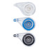 Three correction tape dispensers in clear, blue, and black colours, featuring a logo on each unit.