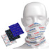 A bandana in blue, black, and white featuring a logo, displayed on a mannequin head.