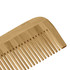 A bamboo comb in a light brown shade with a smooth finish and wide teeth, featuring a small logo.