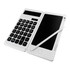 A white Note It Calculator with a digital display, buttons, and a stylus pen attached.