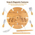A bamboo circular table with various tools and accessories organised in slots, featuring snap and magnetic elements.