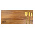 A wooden cheeseboard featuring three gold-coloured cheese knives and a logo.