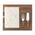 A marble cheeseboard with wooden handled knives on a walnut wood tray. Features a logo on the tray.