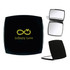 A compact mirror in black with a gold infinity symbol and text. Contains two reflective sides and a branding logo.