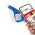 A blue correction tape dispenser next to a smartphone displaying a webpage. The dispenser includes a logo.