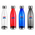 A drink bottle collection featuring clear, red, blue, and grey options, each with a metallic lid and logo.
