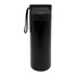 A drink bottle in sleek black with a removable lid and a convenient carrying strap. Features a logo.